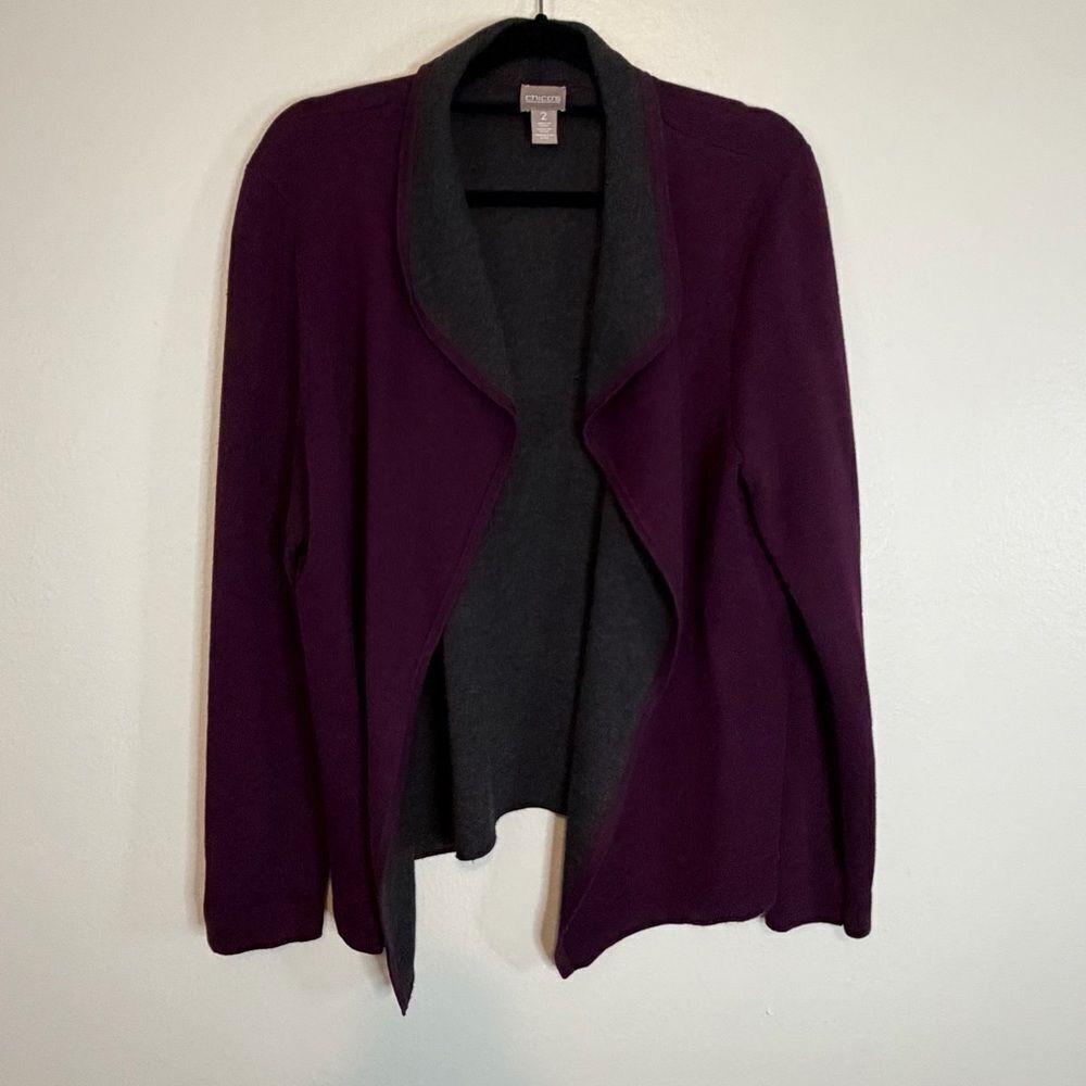 Chico’s Cardigan Sweater Purple Gray Size 2 (Lg 12) Waterfall Front Long Sleeve